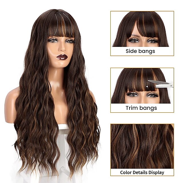 Beauty & Hair Wigs & Hair Pieces | Brown Wig with Bangs Long Wavy Blonde Highlights Wig for Women Synthetic Heat Resistant Wig N