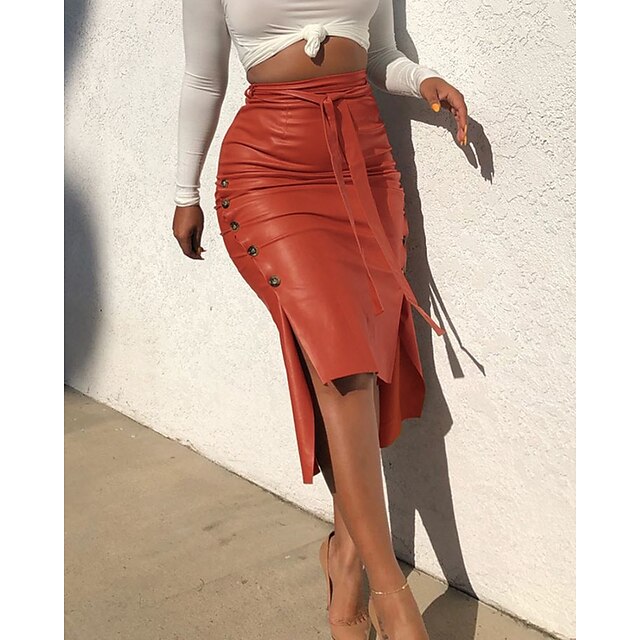 Womens Clothing Womens Bottoms | Knotted PU Leather Slit Skirt High Waisted Stretch Split Midi Hip Skirt Black Camel Red Wine S 