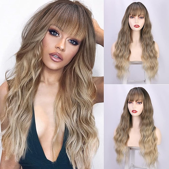 Beauty & Hair Wigs & Hair Pieces | Brown Wig with Bangs Long Wavy Blonde Highlights Wig for Women Synthetic Heat Resistant Wig N