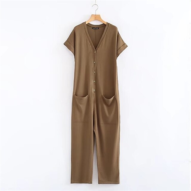 

Women's Jumpsuit Button Solid Color V Neck Casual Street Vacation Straight Regular Fit Short Sleeve Black Wine Khaki S M L Fall