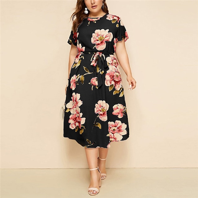 Womens Clothing Plus Size Collection | Womens Plus Size A Line Dress Floral Round Neck Print Short Sleeve Spring Summer Casual P