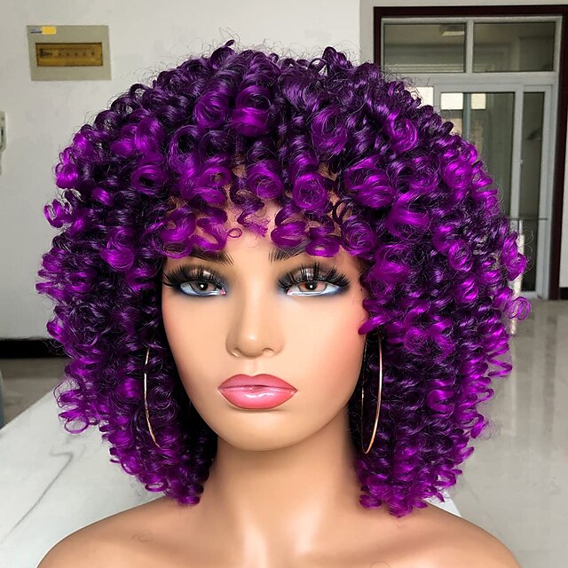 Purple Wigs For Women Short Curly Wig For Black Women With Bangs Big Bouncy Fluffy Kinky Curly 
