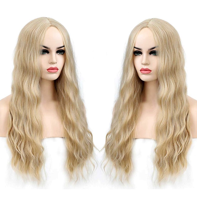 Beauty & Hair Wigs & Hair Pieces | 26 inches Blond 613 long Wavy Wig Middle Part Synthetic Halloween Party Cosplay Wig for Women