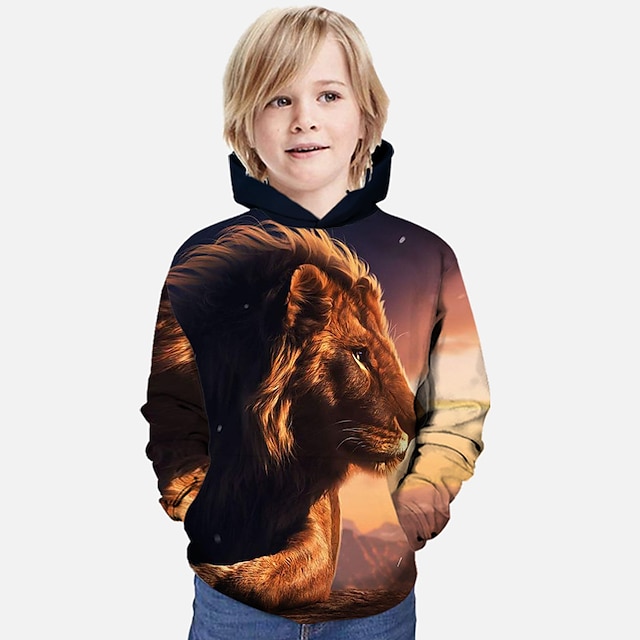 Baby & Kids Boys Clothing | Kids Boys Hoodie Long Sleeve Yellow 3D Print Lion Animal Pocket Daily Indoor Outdoor Active Fashion 