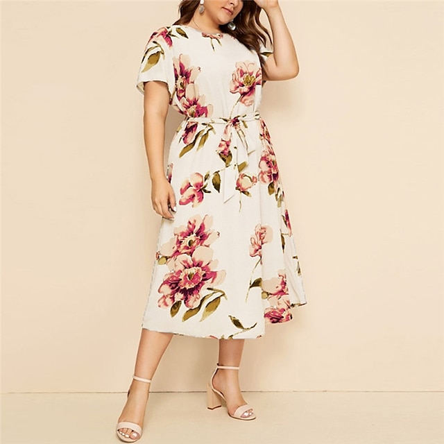 Womens Clothing Plus Size Collection | Womens Plus Size A Line Dress Floral Round Neck Print Short Sleeve Spring Summer Casual P