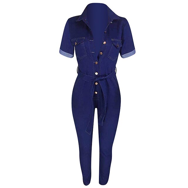

Women's Jumpsuit Lace up Button Front Solid Color Shirt Collar Casual Daily Wear Regular Fit Short Sleeve Blue S M L Summer
