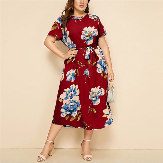 Womens Clothing Plus Size Collection | Womens Plus Size A Line Dress Floral Round Neck Print Short Sleeve Spring Summer Casual P