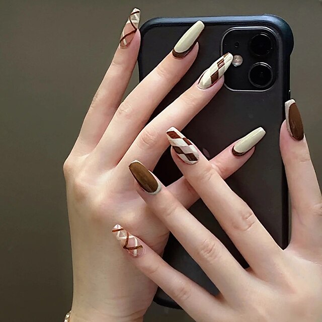 24pcs French rhombus Fake nails with designs Full Cover Nail Tips Press On Nails  Coffin False Nails Wearable Ballerina Nails 8963550 2023 – $