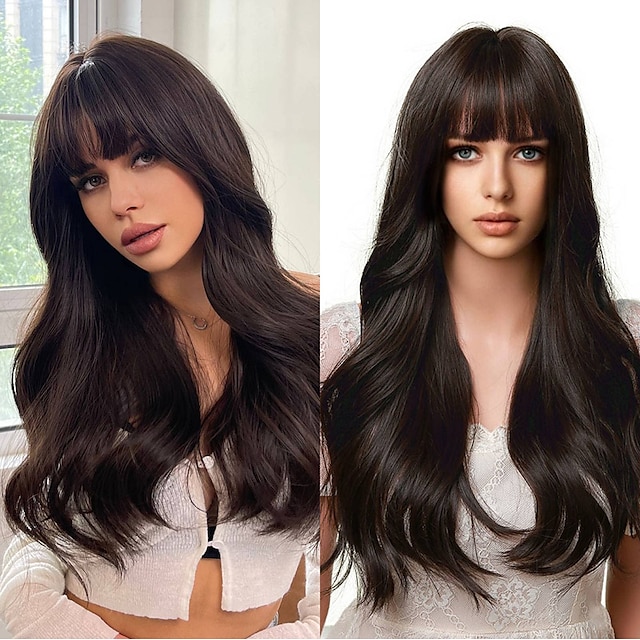  Long Wigs for Women with Air Bangs Long Natural Black Dark Brown Wavy Hair Wigs for Girl Brown Wig with Heat Resistant Fiber Synthetic Wig for Daily Party (Dark Ashy Brown, 24inch)