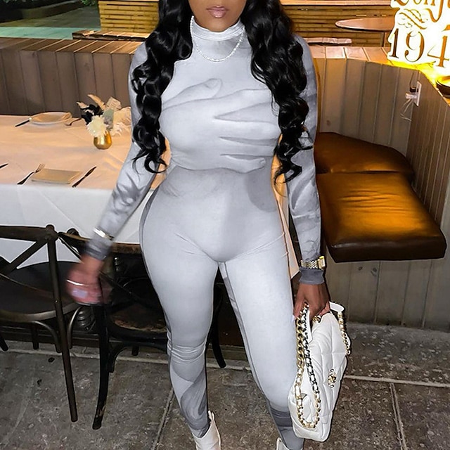 

Women's Catsuit Print Solid Color Turtleneck Active Street Sport Regular Fit Long Sleeve Gray Khaki S M L Spring
