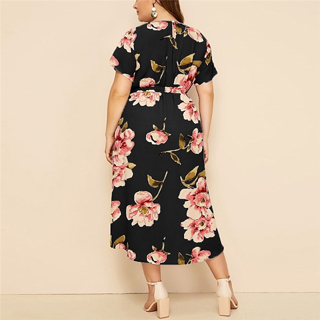 Womens Clothing Plus Size Collection | Womens Plus Size A Line Dress Floral Round Neck Print Short Sleeve Spring Summer Casual P