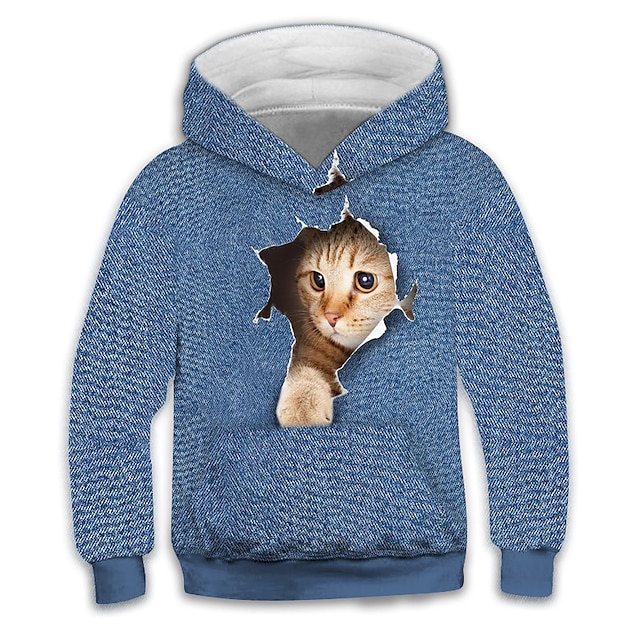 Baby & Kids Boys Clothing | Kids Boys Hoodie Long Sleeve Blue 3D Print Cat Optical Illusion Animal Pocket Daily Indoor Outdoor A