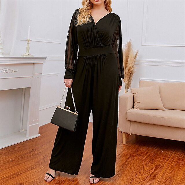 

Women's Jumpsuit Lace Solid Color V Neck Casual Street Vacation Wide Leg Regular Fit Long Sleeve Black XL XXL 3XL Fall