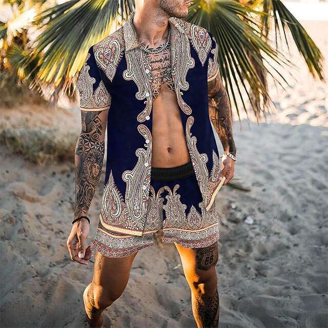 Men's Tribal 2pcs Shirts Sets Summer Hawaiian Shirt Short Sleeve Short Pants Turndown Fashion Hawaiian Designer Outdoor Vacation Beach 3D Print Button-Down Summer Spring Navy Blue2