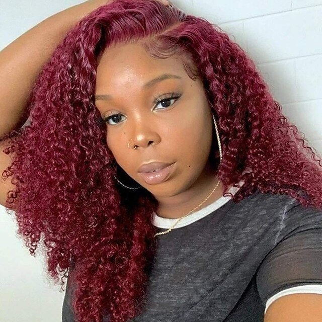 

Human Hair HD Lace Front Wigs for Black Women 13x4 Deep Wave Burgundy Grade 10A Kinky Curly Human Hair Wigs 150% Density Pre Plucked Natural Hairline With Baby Hair