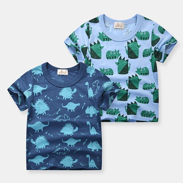 Baby & Kids Boys Clothing | Kids Boys T shirt Short Sleeve Dusty Blue Royal Blue Cartoon Dinosaur Animal Cotton Indoor Outdoor A