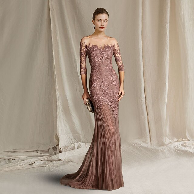 Mermaid Mother of the Bride Dress Formal Wedding Guest Elegant Scoop Neck Sweep / Brush Train Lace Tulle Half Sleeve with Appliques 15