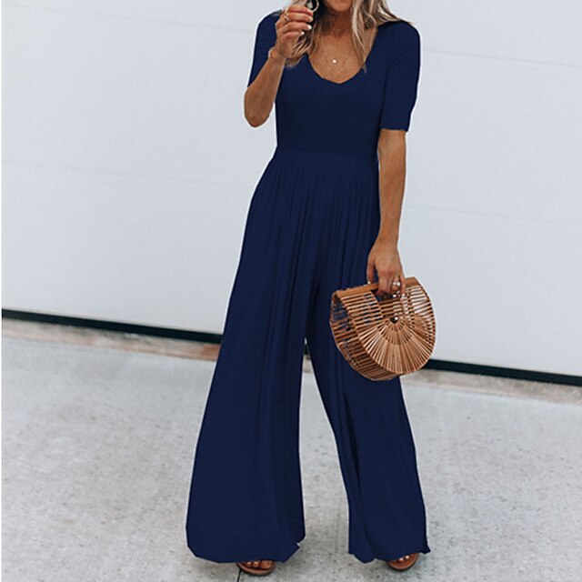 

Women's Jumpsuit Solid Color Crew Neck Casual Street Vacation Wide Leg Regular Fit Half Sleeve Blue Black Wine S M L Spring