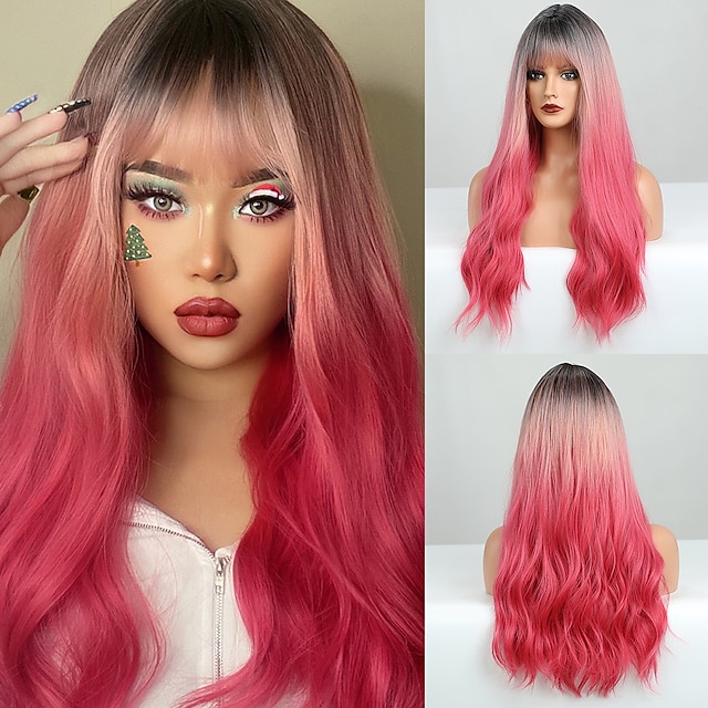 Beauty & Hair Wigs & Hair Pieces | Synthetic Wig Natural Wave With Bangs Wig 26 inch Ombre Pink Synthetic Hair Womens Soft Fashi