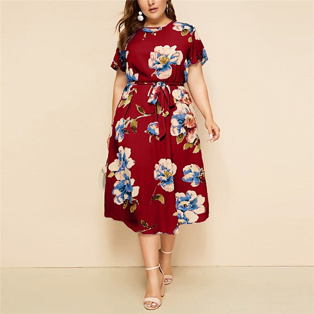 Womens Clothing Plus Size Collection | Womens Plus Size A Line Dress Floral Round Neck Print Short Sleeve Spring Summer Casual P