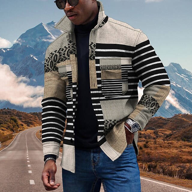 Men's Lightweight Jacket Summer Jacket Outdoor Street Pocket Print Summer Spring Striped Streetwear Sporty Turndown Regular Regular Fit Beige Jacket2