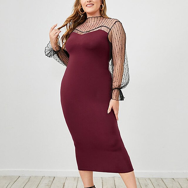 Womens Clothing Plus Size Collection | Womens Plus Size Sheath Dress Solid Color Round Neck Ruched Long Sleeve Spring Summer Cas