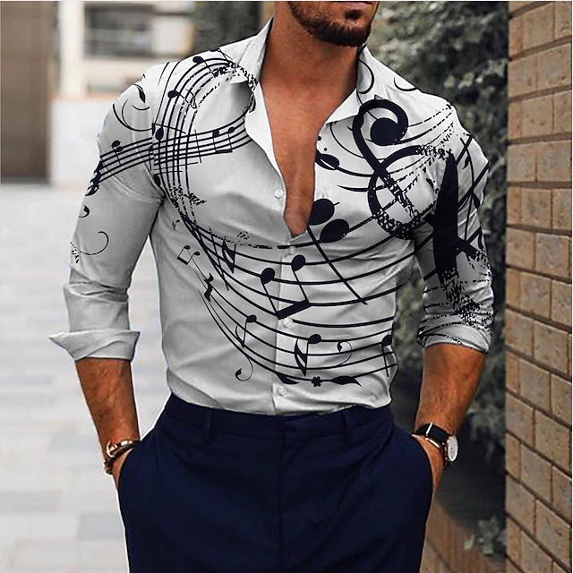 Men's Boardmasters Music Notes Shirt Button Up Shirt Long Sleeve Fashion Designer Casual Outdoor Casual Holiday Summer Spring Turndown Print Button-Down White Pink Blue Purple 5