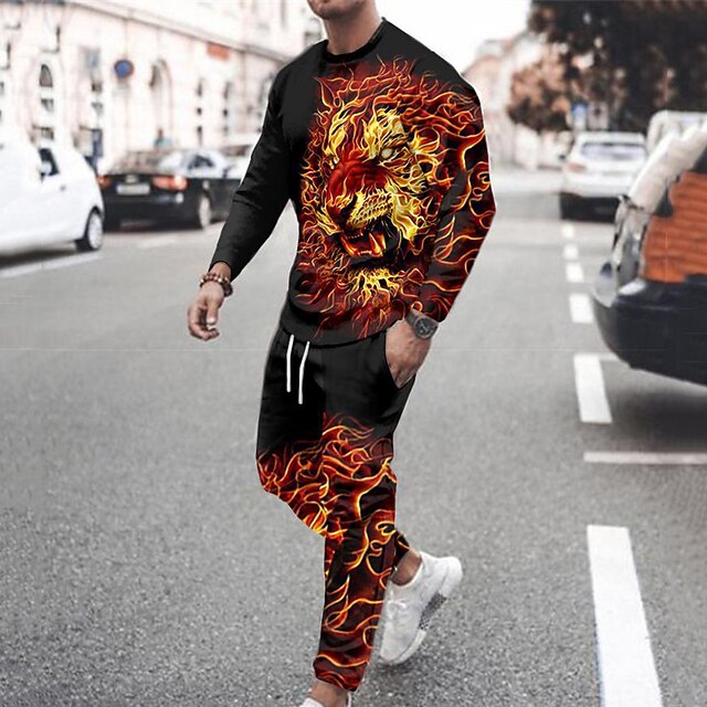 Men's Tracksuit Sweatsuit Orange Crew Neck Graphic Lion Casual Daily Holiday Polyester Casual Big and Tall Athletic Spring &  Fall Clothing Apparel Hoodies Sweatshirts  Long Sleeve3