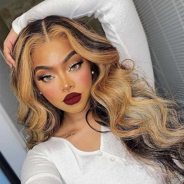 

Body Wave Style Highlight Ombre Lace Frontal Wig Human Hair Wigs #4/27 Brown with Honey Blonde Color for Black Women Pre Plucked Hairline 150% Density 13x4 Lace Front Wig