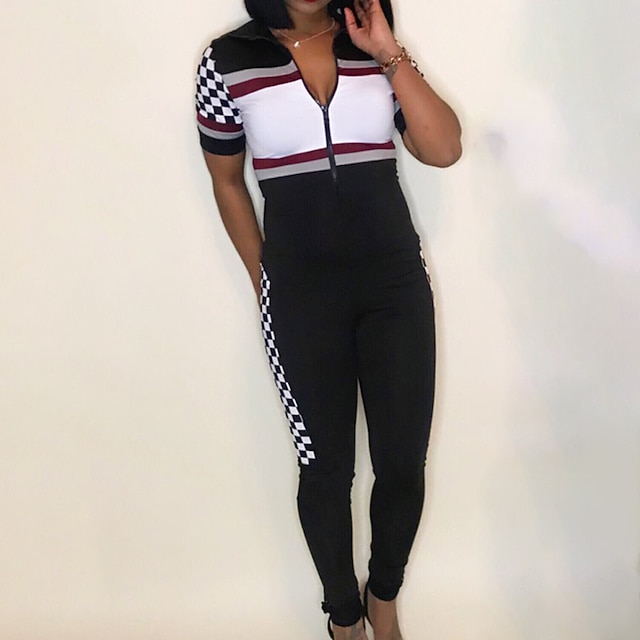 

Women's Catsuit Zipper Patchwork Plaid Shirt Collar Casual Daily Sport Daily Regular Fit Short Sleeve Green Black Red S M L Spring