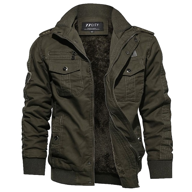  Homens Casaco de inverno Blusão Jaqueta Tática Diário Com Cordão Outono & inverno Cor Sólida Básico Com Capuz Grossa Padrão Algodão Ajuste Largo Preto Verde Tropa Cáqui Casaco