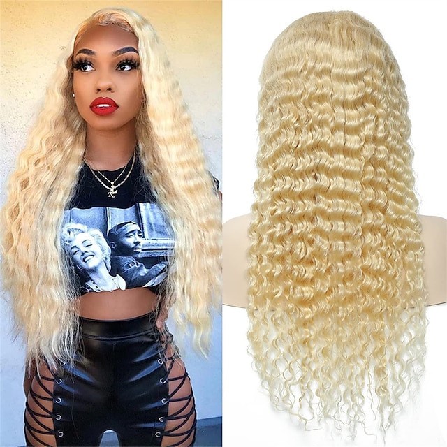 

Blonde Deep Wave 613 Human Hair Lace Front Wigs 13x4 HD Transparent Lace Brazilian Virgin Human Hair Deep Wave Lace Frontal Wigs Pre Plucked with Baby Hair 20 Inch 150% Density Free Part 18-30 Inch