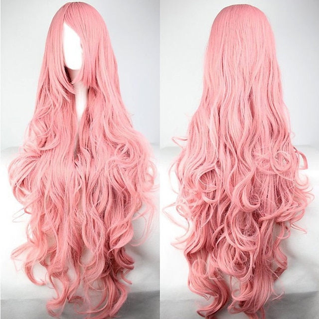  pelucas rosas para mujer peluca sintética cosplay peluca ondulada kardashian ondulada asimétrica con flequillo peluca rosa largo rosa pelo sintético de las mujeres con flequillo rosa