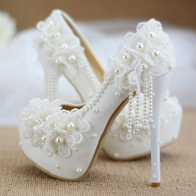 Women's White Wedding Platform Heels with Lace Floral Appliqué and Pearl Bead Details – Elegant Bridal Shoes for Special Occasions2