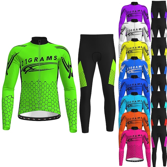  21Grams® Men's Long Sleeve Cycling Jersey with Tights Mountain Bike MTB Road Bike Cycling White Green Purple Graphic Design Bike Thermal Warm Warm Quick Dry Zipper Pocket Ankle zips Sports Graphic