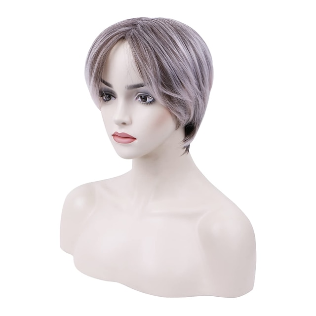  parrucche ombre grigie pixie per donne bianche parrucche a strati taglio corto con frangia parte libera parrucche grigie pixie estremità dei capelli con un po 'di rosa