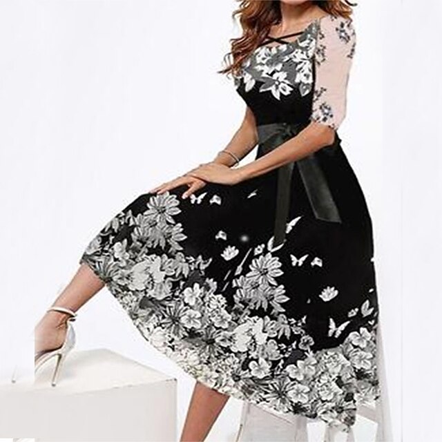 Per donna Abito linea A Abito al ginocchio Nero Manica corta Floreale  Stampa Autunno Girocollo Moda Informale 2022 S M L XL XXL del 8918601 2022  a €53.09