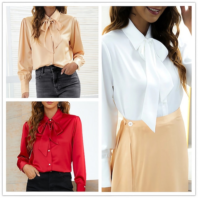  Women's Blouse White Red Light Brown Plain Sparkly Lace up Long Sleeve Work Daily Streetwear Shirt Collar Regular Silk Like Satin S
