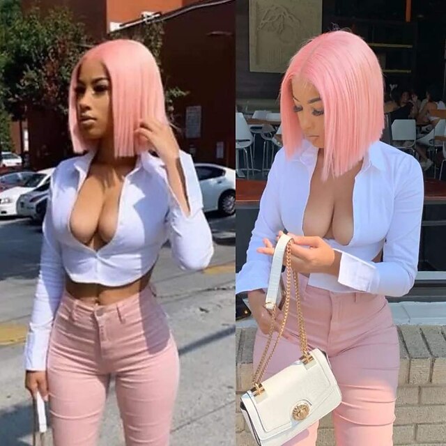 

Premier 150%/180% 13x4 Lace Front Wigs Silky Straight 100% Human Hair Short Bob Wig Middle Part with Pink Color For Women Pre Plucked Human Hair Wigs