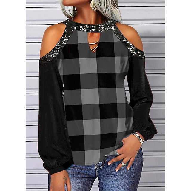  spring  summer new    round neck strapless plaid print loose long-sleeved t-shirt top Women's clothing