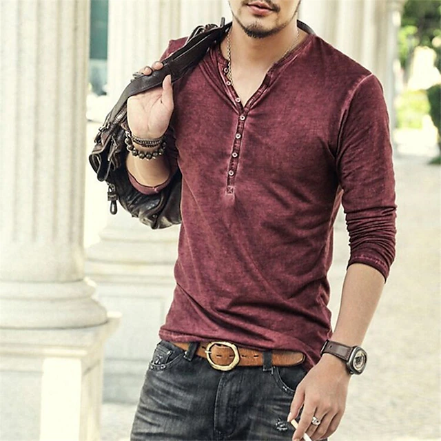 Men's T shirt Tee Henley Shirt Long Sleeve Shirt Plain Henley Plus Size Street Casual Long Sleeve Button-Down Clothing Apparel 100% Cotton Classic Casual Muscle Big and Tall 14