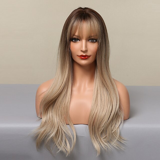 Beauty & Hair Wigs & Hair Pieces | Synthetic Wig Natural Wave With Bangs Machine Made Wig 24 inch Light Brown Synthetic Hair Wom