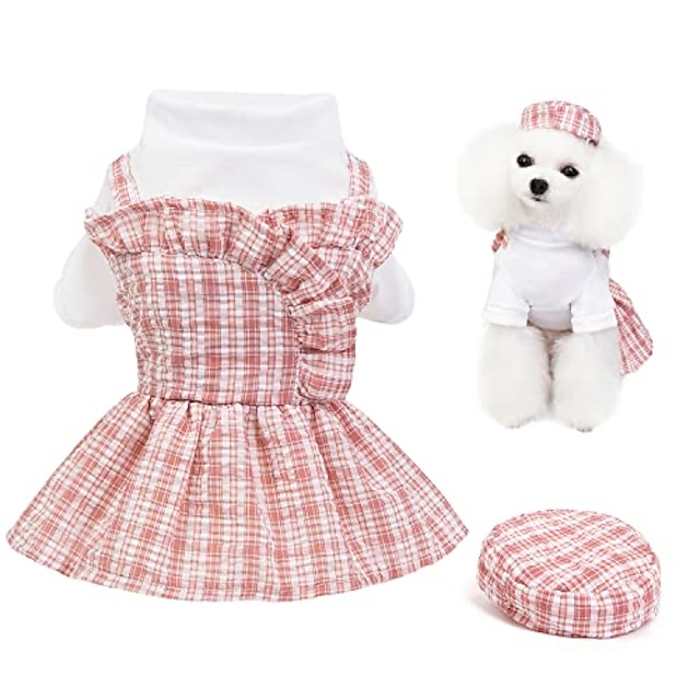  kostkované psí šaty s kloboukem jaro léto šaty pro štěňata pro malé pejsky holčička obleček pro mazlíčky obleček obleček roztomilá mřížkovaná kočičí sukně oblečení (malé, růžové)