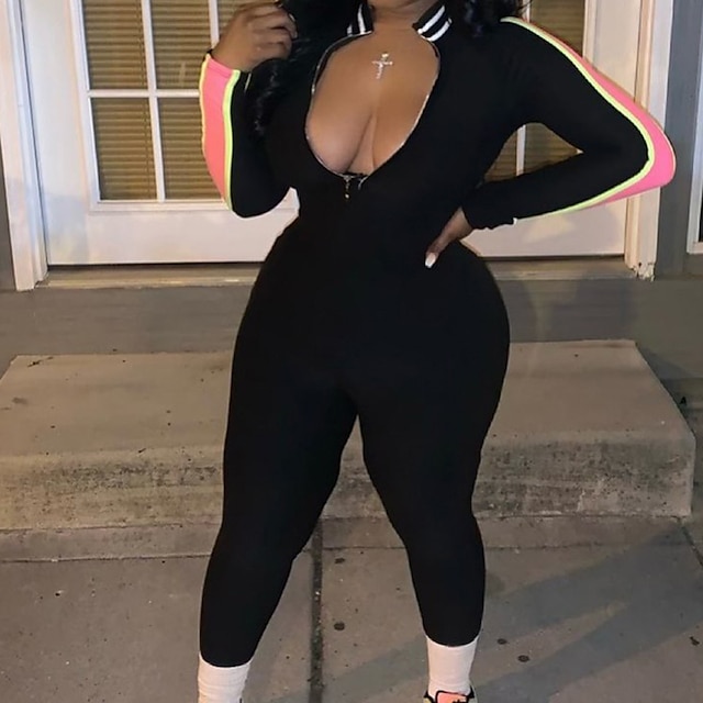 

Women's Catsuit Patchwork Color Block Stand Collar Casual Sport Casual Regular Fit Long Sleeve Black S M L Spring