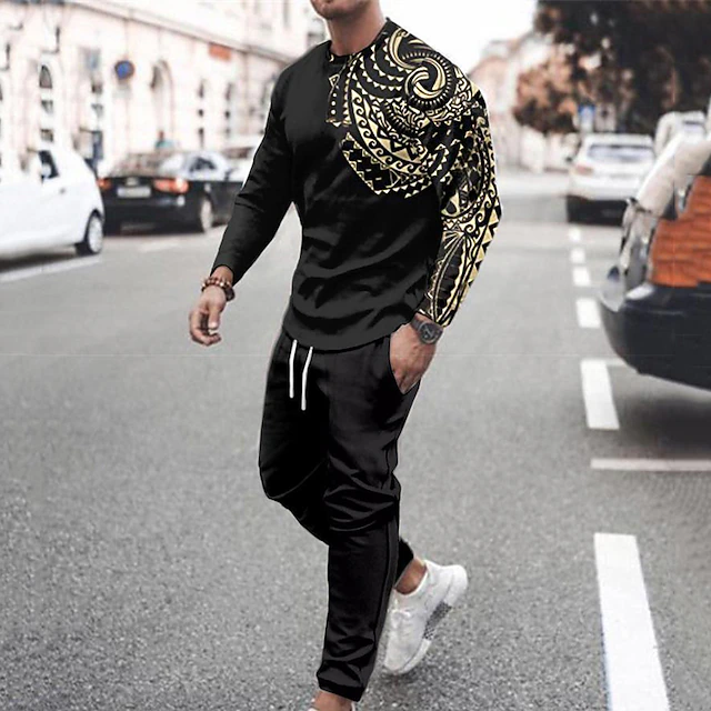 Men's Tracksuit Sweatsuit Black Crew Neck Graphic Bohemian Style Sports & Outdoor Casual Daily Casual Big and Tall Athletic Spring & Fall Clothing Black And Gold3