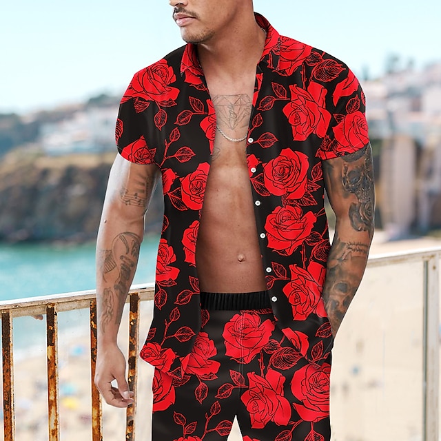  férfi ing szett rövid ujjú legombolható felsők virágos rózsamintás lekapcsolás piros szabadtéri alkalmi divat alkalmi hawaii