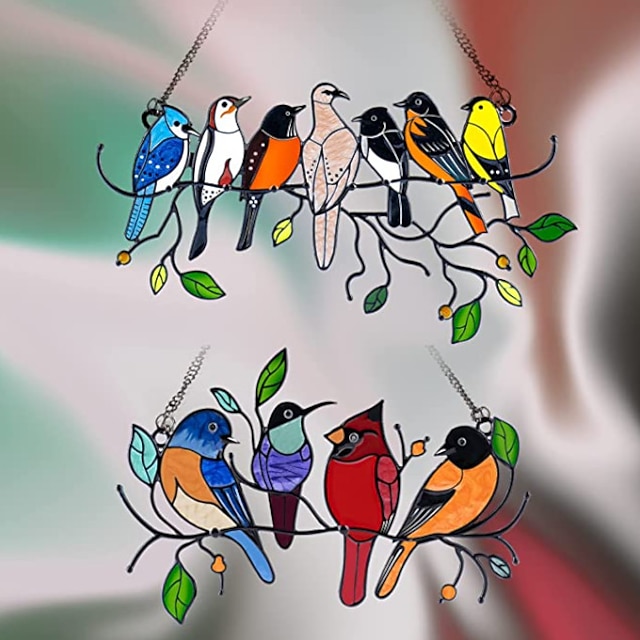  τέχνη παραθύρων διπλής όψης πολύχρωμο στυλ πουλιών ζωγραφισμένα στο χέρι χρώματα κρεμαστά κρεμαστά, διακοσμητικά από κράμα σειράς πουλιών, διακοσμητικά παραθύρων από γυαλί, δώρα για τους λάτρεις των