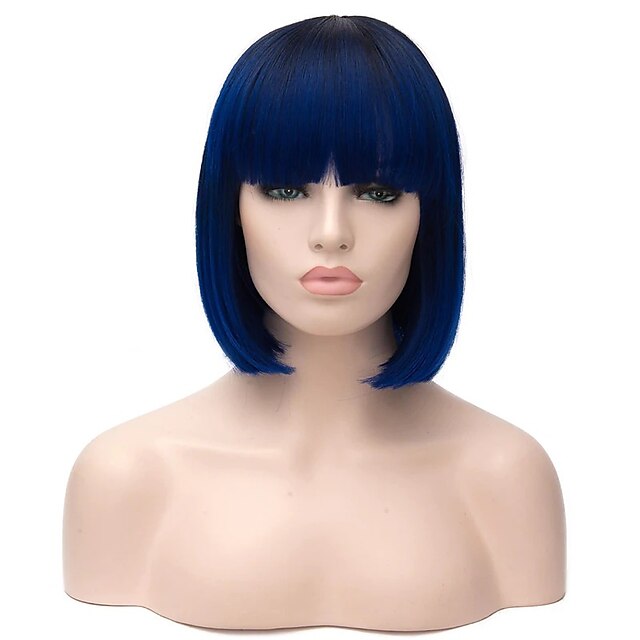  Synthetic Wig Straight Straight Bob Wig Short Blue Synthetic Hair 12 inch Women's Ombre Hair Blue
