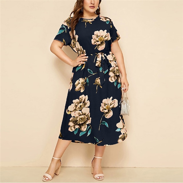 Womens Clothing Plus Size Collection | Womens Plus Size A Line Dress Floral Round Neck Print Short Sleeve Spring Summer Casual P