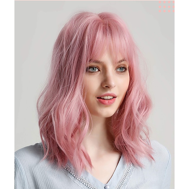  Rolisy Pastel Pink Wavy Wig with Air Bangs Short Bob Wig 14 inch Soft Hair Curly Super Natural for Women and Girls Fiber Synthetic Wig Cosplay Wig Theme Party Dance